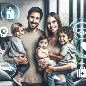 A modern family feeling secure and protected, with a transparent overlay of various insurance policy icons (car, home, health, and travel)