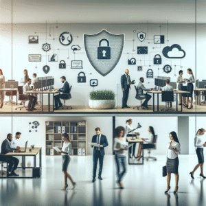 Et moderne kontorlandskap med en liten bedrift i aktivitet, symboler for forsikring rundt (skjold, hengelås, nettverkssky), stilren og profesjonell