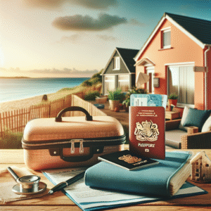 Feriebolig ved kysten med en koffert, reiseforsikringsdokumenter og et pass på bordet, varme farger, moderne, informativt bilde