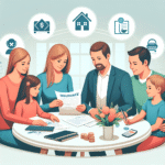 Moderne, vennlig oversiktsbilde av en familie som går gjennom forsikringsdokumenter ved kjøkkenbordet, ikoner for hus, bil og økonomi i bakgrunnen, lyse farger, realistisk stil