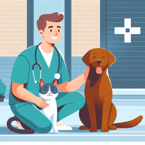 En fornøyd hund og katt ved siden av eier utenfor en veterinærklinikk, varm og tillitsfull tone, moderne illustrasjonsstil