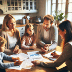 Norsk familie som snakker med rådgiver ved et kjøkkenbord, varm og trygg stemning, moderne hjem, fokus på økonomisk trygghet og dokumenter