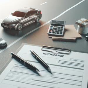 Realistisk bilde av en moderne bil ved en vei med forsikringsdokumenter og kalkulator i forgrunnen, nøytral fargetone, profesjonell stil