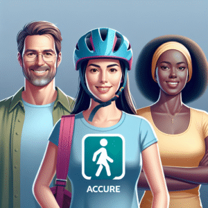 Fotorealistisk bilde av en trygg familie og en aktiv voksen med hjelm, symboler for helse og trygghet, moderne, lyse farger